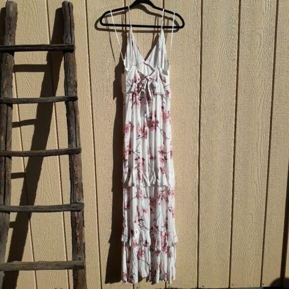 Cotton Candy Boho Romantic Feminine Floral Raw Hem High Slit Maxi Dress Sz M - Picture 11 of 16
